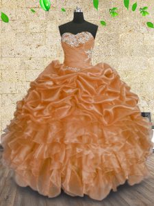 Sequins Orange Sleeveless Organza Lace Up 15th Birthday Dress for Military Ball and Sweet 16 and Quinceanera