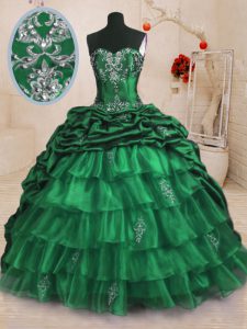 Elegant Beading and Appliques and Ruffled Layers and Pick Ups 15th Birthday Dress Dark Green Lace Up Sleeveless With Tra
