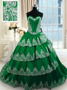 Luxury Dark Green Sleeveless With Train Beading and Appliques and Ruffled Layers Lace Up Quince Ball Gowns