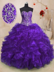 Suitable Sweetheart Sleeveless Sweep Train Lace Up Ball Gown Prom Dress Purple Organza