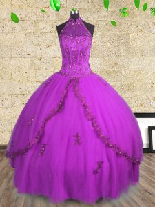 Glorious Tulle Halter Top Sleeveless Lace Up Beading Vestidos de Quinceanera in Purple