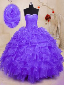 Fashion Beading and Ruffles and Hand Made Flower Sweet 16 Quinceanera Dress Purple Lace Up Sleeveless Floor Length
