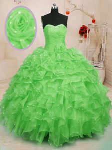 Graceful Organza Sleeveless Floor Length Ball Gown Prom Dress and Beading and Ruffles and Hand Made Flower