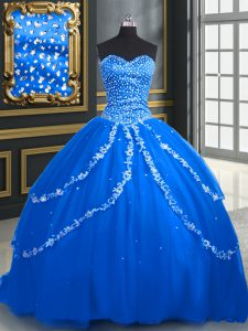 Tulle Sweetheart Sleeveless Brush Train Lace Up Beading and Appliques Quinceanera Dresses in Blue