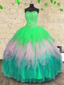 Multi-color Ball Gowns Tulle Sweetheart Sleeveless Beading and Ruffles and Sequins Floor Length Lace Up Sweet 16 Quincea