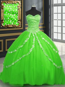 Sleeveless Brush Train Beading and Appliques Lace Up Sweet 16 Dresses