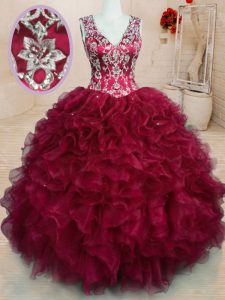 Flare Organza Sleeveless Floor Length Sweet 16 Dress and Beading and Embroidery and Ruffles
