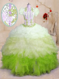 Beading and Appliques and Ruffles Quinceanera Gown Multi-color Lace Up Sleeveless With Brush Train