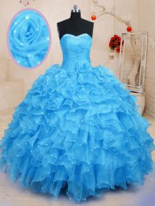 Sleeveless Beading and Ruffles and Hand Made Flower Lace Up Quinceanera Gowns