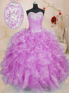 Lilac Ball Gowns Sweetheart Sleeveless Organza Floor Length Lace Up Beading and Ruffles Quince Ball Gowns