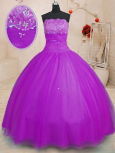 Beauteous Purple Ball Gowns Beading Quinceanera Gown Lace Up Tulle Sleeveless Floor Length