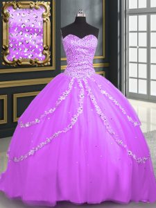Lilac Sleeveless With Train Beading and Appliques Lace Up 15th Birthday Dress