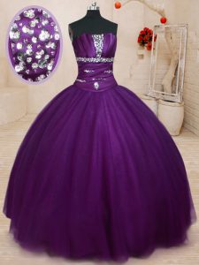 Strapless Sleeveless Lace Up Ball Gown Prom Dress Dark Purple Tulle