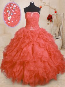 Extravagant Floor Length Lace Up 15th Birthday Dress Orange Red for Military Ball and Sweet 16 and Quinceanera with Bead