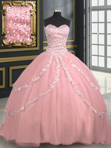 Discount Pink Ball Gowns Sweetheart Sleeveless Tulle With Brush Train Lace Up Beading and Appliques Sweet 16 Quinceanera