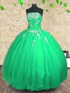 Tulle Strapless Sleeveless Lace Up Embroidery and Ruching 15th Birthday Dress in Green