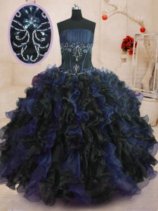 Nice Floor Length Lace Up Quinceanera Dresses Blue And Black for Military Ball and Sweet 16 and Quinceanera with Beading