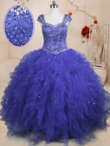 Royal Blue Cap Sleeves Beading and Ruffles and Sequins Floor Length Quince Ball Gowns