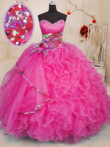 Flare Hot Pink Ball Gowns Beading and Ruffles Ball Gown Prom Dress Lace Up Organza Sleeveless Floor Length