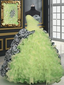 Printed With Train Ball Gowns Sleeveless Yellow Green Quince Ball Gowns Brush Train Lace Up