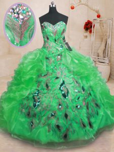 Green Sweetheart Zipper Beading and Appliques and Ruffles 15 Quinceanera Dress Sleeveless