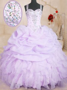Lavender Organza Lace Up Quinceanera Gowns Sleeveless Floor Length Beading and Ruffles and Pick Ups