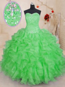 High Quality Sleeveless Floor Length Beading and Ruffles Lace Up 15th Birthday Dress with