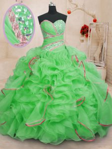 Amazing Sweetheart Sleeveless Organza 15th Birthday Dress Beading and Ruffles Brush Train Lace Up