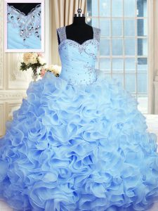 Sleeveless Floor Length Beading and Ruffles Zipper Quinceanera Gown with Baby Blue