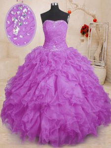 Beading and Ruffles and Ruching Quinceanera Dresses Purple Lace Up Sleeveless Floor Length