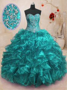 Sleeveless With Train Beading and Ruffles Lace Up Quince Ball Gowns with Teal Sweep Train