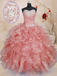 Customized Floor Length Watermelon Red Vestidos de Quinceanera Sweetheart Sleeveless Lace Up