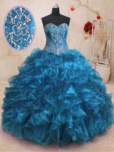 Blue Organza Lace Up Sweetheart Sleeveless With Train 15 Quinceanera Dress Sweep Train Beading and Ruffles