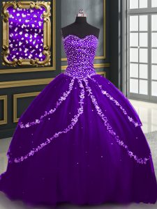 Sweetheart Sleeveless Brush Train Lace Up Vestidos de Quinceanera Purple Tulle