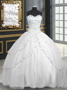 Artistic White Sleeveless Tulle Brush Train Lace Up Quinceanera Dresses for Military Ball and Sweet 16 and Quinceanera
