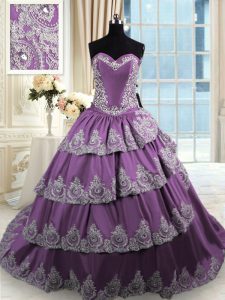 Dazzling With Train Lace Up Quinceanera Dress Purple for Military Ball and Sweet 16 and Quinceanera with Beading and App
