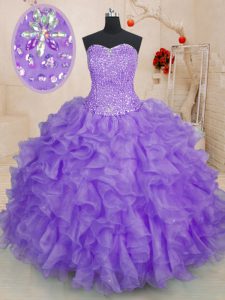 Sophisticated Sweetheart Sleeveless 15 Quinceanera Dress Floor Length Beading and Ruffles Lavender Organza