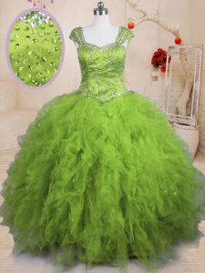 Hot Sale Floor Length Olive Green Quinceanera Gowns Square Short Sleeves Lace Up