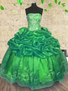 Organza Strapless Sleeveless Lace Up Beading and Embroidery Sweet 16 Dress in Green