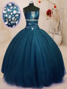 Beading 15 Quinceanera Dress Navy Blue Lace Up Sleeveless Floor Length