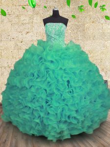 Strapless Sleeveless Quinceanera Gown Floor Length Beading and Ruffles Turquoise Organza