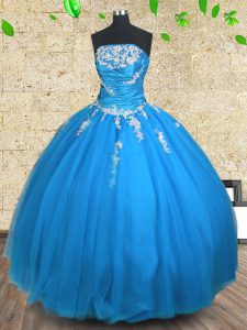 Strapless Sleeveless Tulle 15th Birthday Dress Appliques and Ruching Lace Up