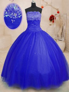 Royal Blue Ball Gowns Beading Ball Gown Prom Dress Lace Up Tulle Sleeveless Floor Length