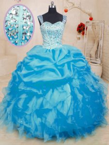 Pick Ups Ball Gowns Quinceanera Gown Baby Blue Straps Organza Sleeveless Floor Length Lace Up