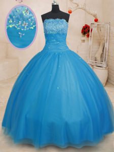 Decent Baby Blue Ball Gowns Beading Quinceanera Dresses Lace Up Tulle Sleeveless Floor Length