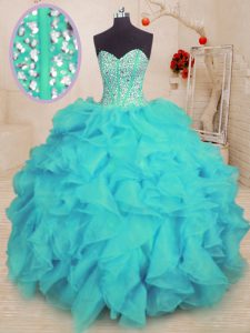 Sweetheart Sleeveless Quinceanera Gown Floor Length Beading and Ruffles Aqua Blue Organza