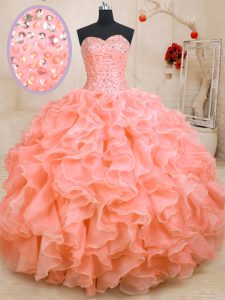 Floor Length Lace Up 15 Quinceanera Dress Pink for Military Ball and Sweet 16 and Quinceanera with Beading and Ruffles
