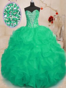 Green Ball Gowns Sweetheart Sleeveless Organza Floor Length Lace Up Beading and Ruffles Ball Gown Prom Dress