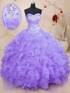 Inexpensive Lavender Sleeveless Organza Lace Up Quinceanera Dress for Military Ball and Sweet 16 and Quinceanera