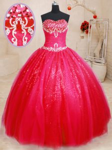Red Sleeveless Floor Length Beading Lace Up Sweet 16 Dress